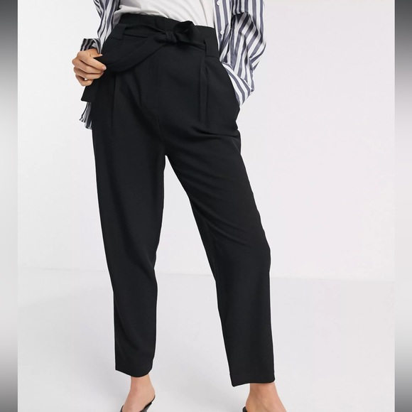 ASOS Black Tie Waist Tapered Cropped Pants - Picture 1 of 4